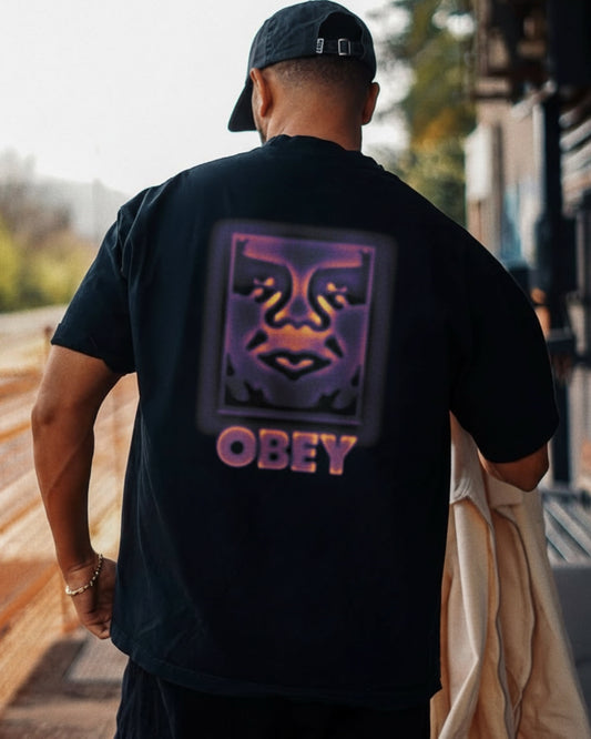 Manuel Store black 100% cotton heavyweight t-shirt with a purple and orange heat map graphic and OBEY logo.
