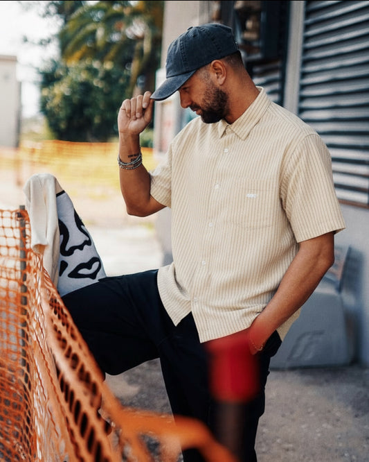 Manuel Store Alan short sleeve seersucker striped shirt in beige with chest pocket and button front. 100% cotton.