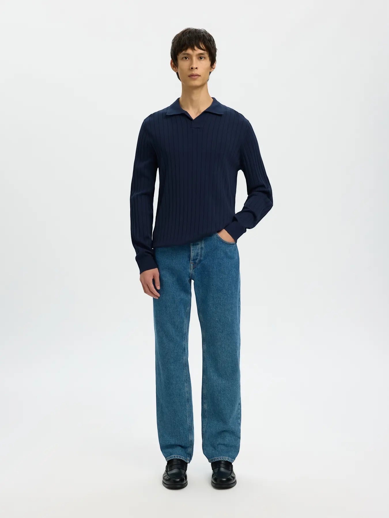 Polo SLHTORINO LS KNIT OPEN STITCH POLO Navy Blazer