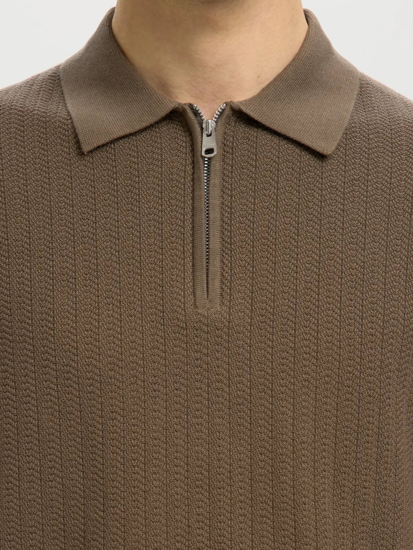 Polo SLMCRAN SS KNIT STRUCTURE ZIP POLO NOOS Chocolate Chip