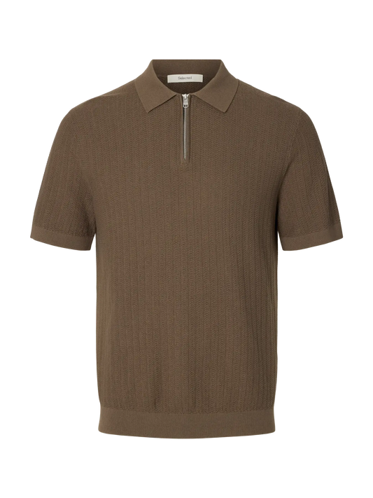 Polo SLMCRAN SS KNIT STRUCTURE ZIP POLO NOOS Chocolate Chip