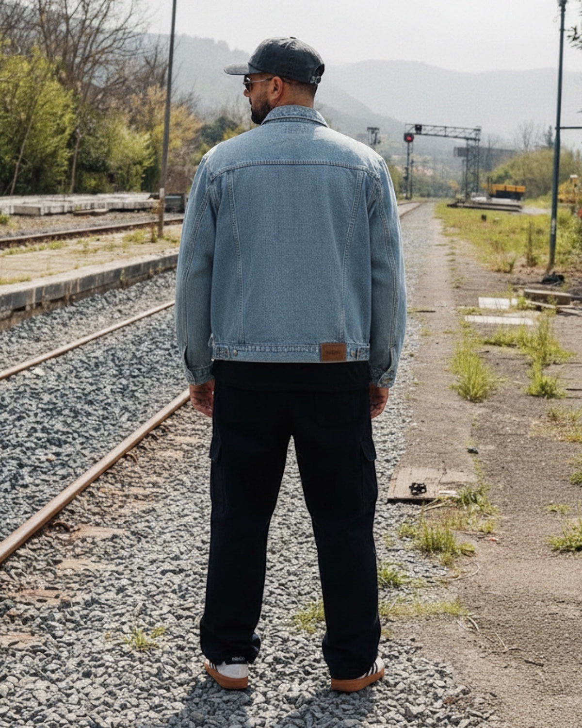 Manuel Store light wash denim trucker jacket with adjustable back tabs and OBEY leather patch.
