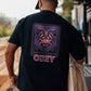 Manuel Store black 100% cotton heavyweight t-shirt with a purple and orange heat map graphic and OBEY logo.