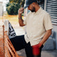 Manuel Store Alan short sleeve seersucker striped shirt in beige with chest pocket and button front. 100% cotton.