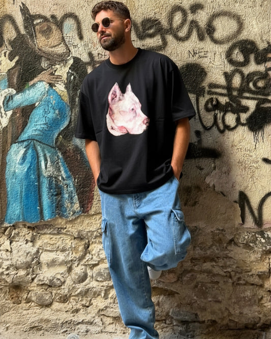 Manuel Store black 100% cotton heavyweight t-shirt with a watercolour pitbull graphic on the front.