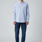 Manuel Store light blue and white striped Oxford cotton shirt with button-down collar, chest pocket, and button cuffs.