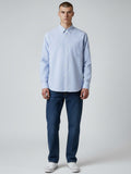 Manuel Store light blue and white striped Oxford cotton shirt with button-down collar, chest pocket, and button cuffs.