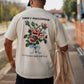 Manuel Store cream heavyweight 100% cotton t-shirt with floral graphic and "TO FRIENDS NEW AND OLD" text.