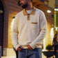 Manuel Store Jasper Polo: cream textured knit polo with contrasting tan collar, placket, and chest pocket. Relaxed fit.