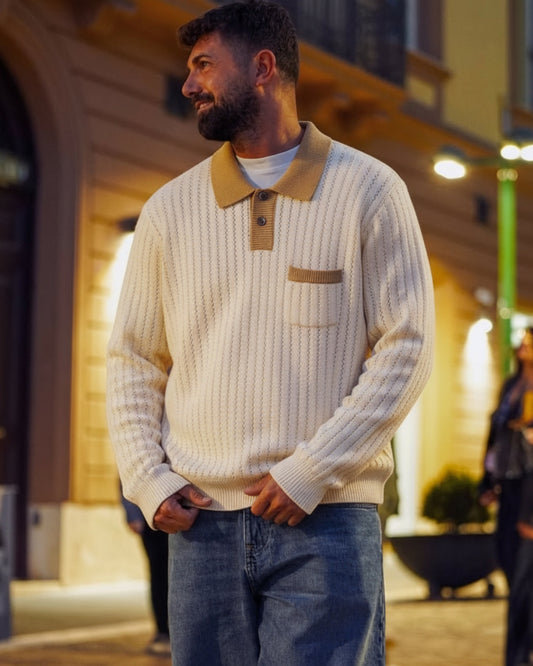 Manuel Store Jasper Polo: cream textured knit polo with contrasting tan collar, placket, and chest pocket. Relaxed fit.