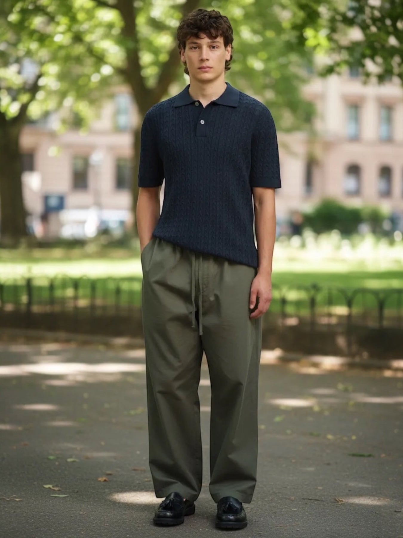 Manuel Store navy blue cable-knit short-sleeve polo shirt with button placket and textured pattern.