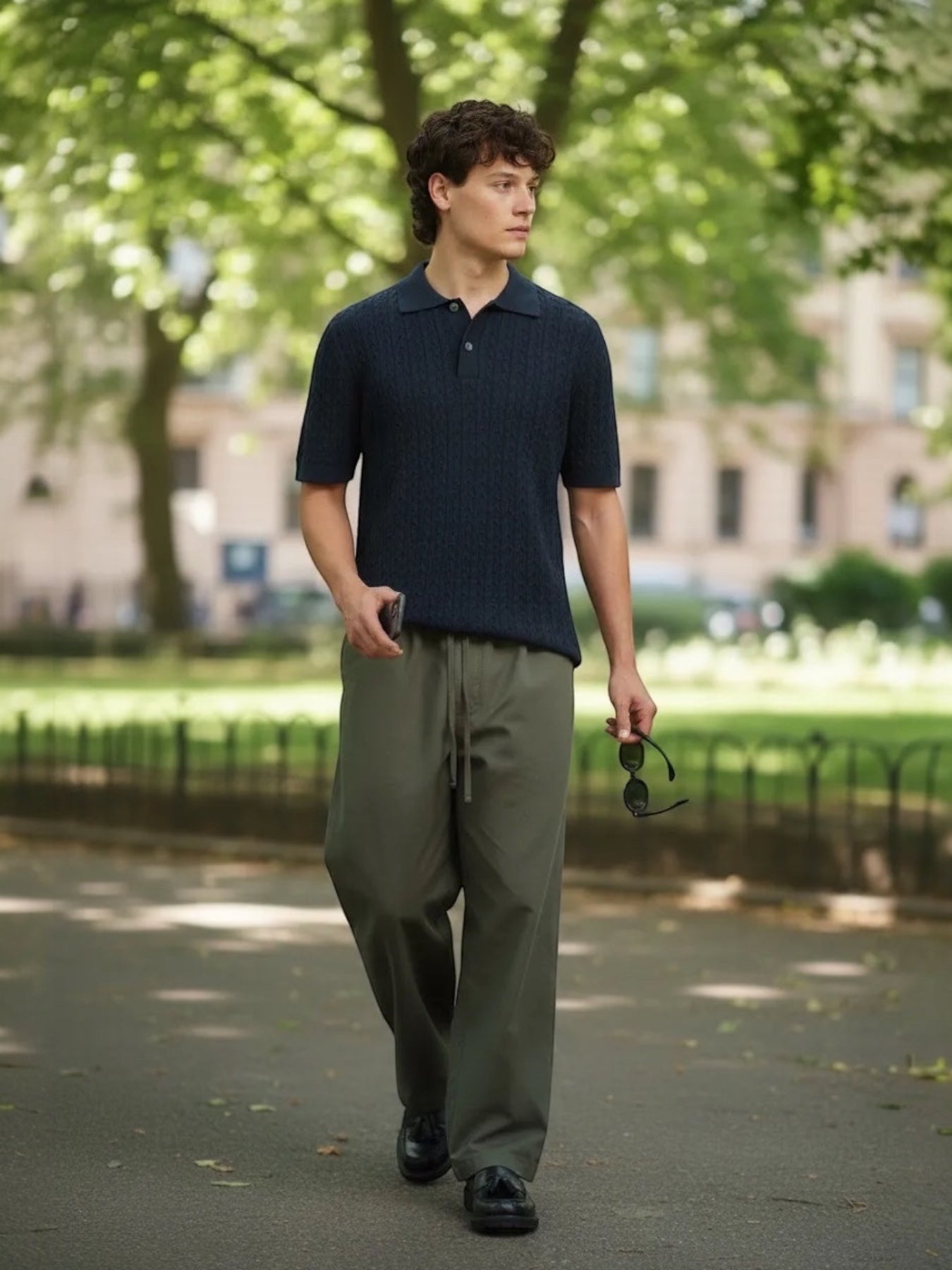 Manuel Store navy blue cable-knit short-sleeve polo shirt on a man walking outdoors.