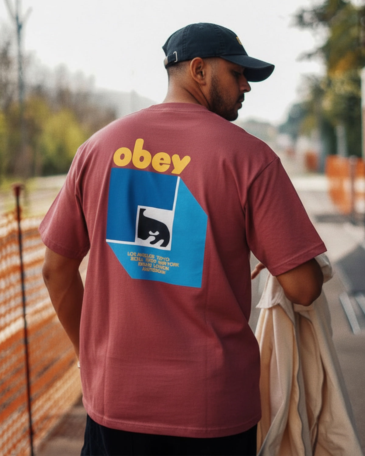 Manuel Store red 100% cotton classic fit t-shirt with 'obey' logo and graphic print on back.