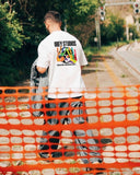 Manuel Store white 100% cotton t-shirt with colorful handprint graphic and "OBEY STUDIOS CREATIVE SERVICES DEPT." text.