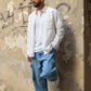 Manuel Store white cotton-linen blend striped long sleeve shirt with chest pocket and scallop hem.