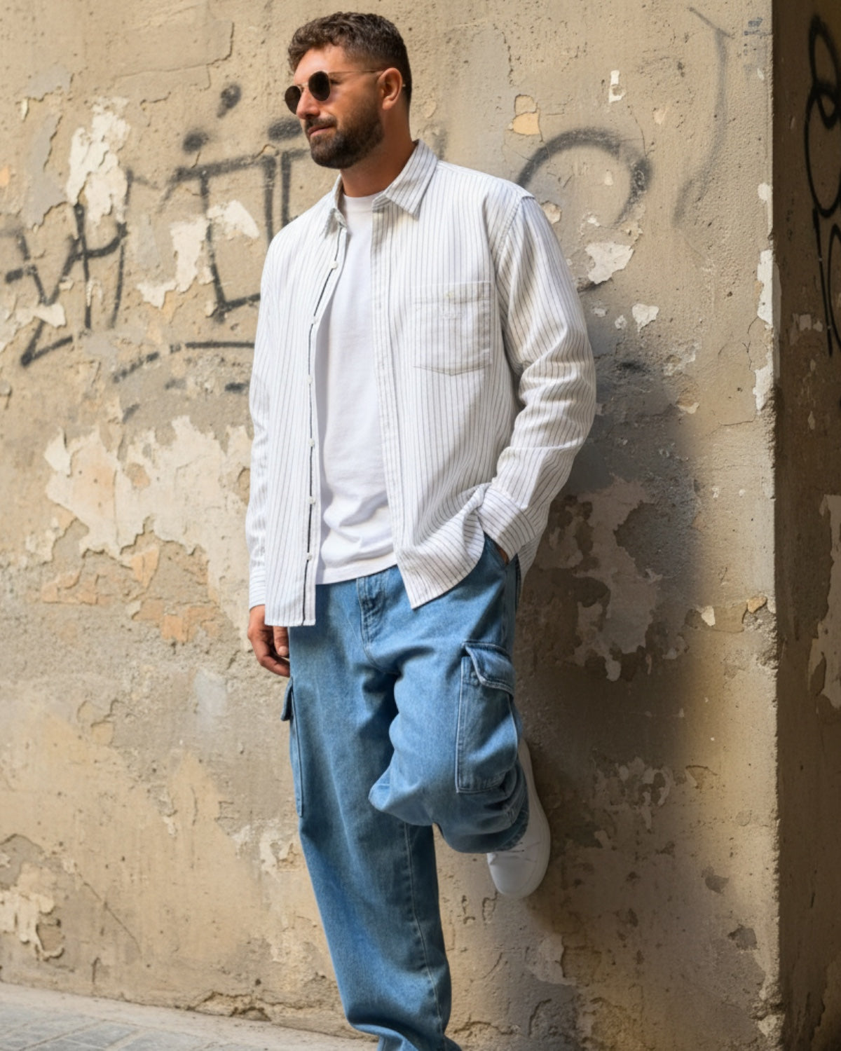 Manuel Store white cotton-linen blend striped long sleeve shirt with chest pocket and scallop hem.